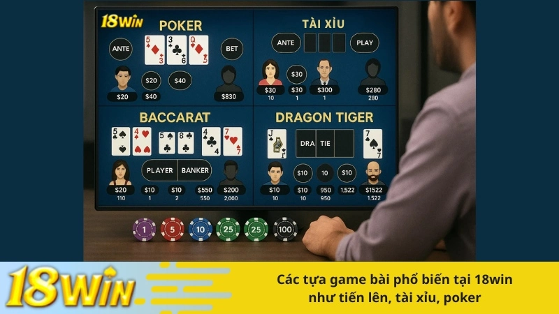 Các tựa game bài phổ biến tại 18win như tiến lên, tài xỉu, poker