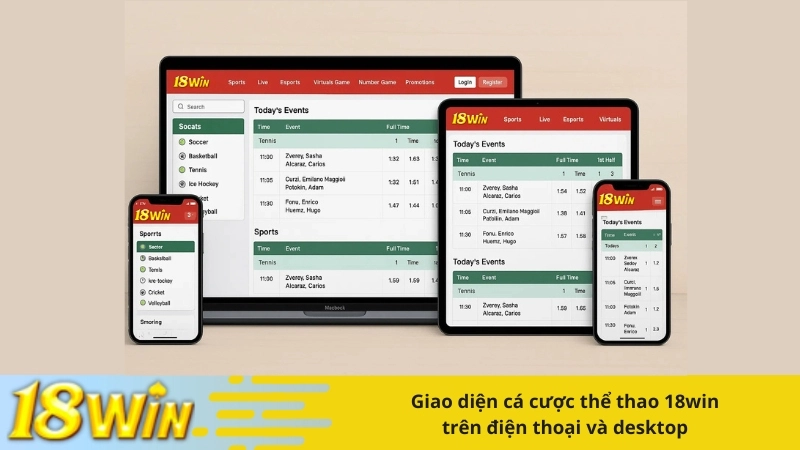 Giao diện cá cược thể thao 18win trên điện thoại và desktop