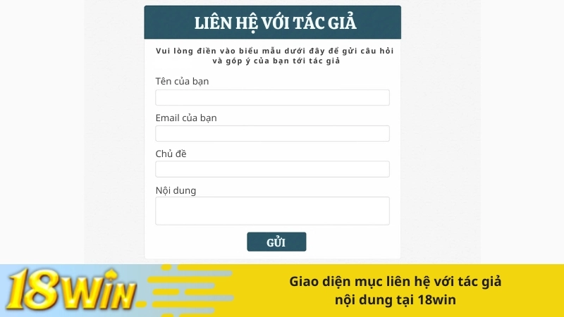 Giao diện mục liên hệ với tác giả nội dung tại 18win